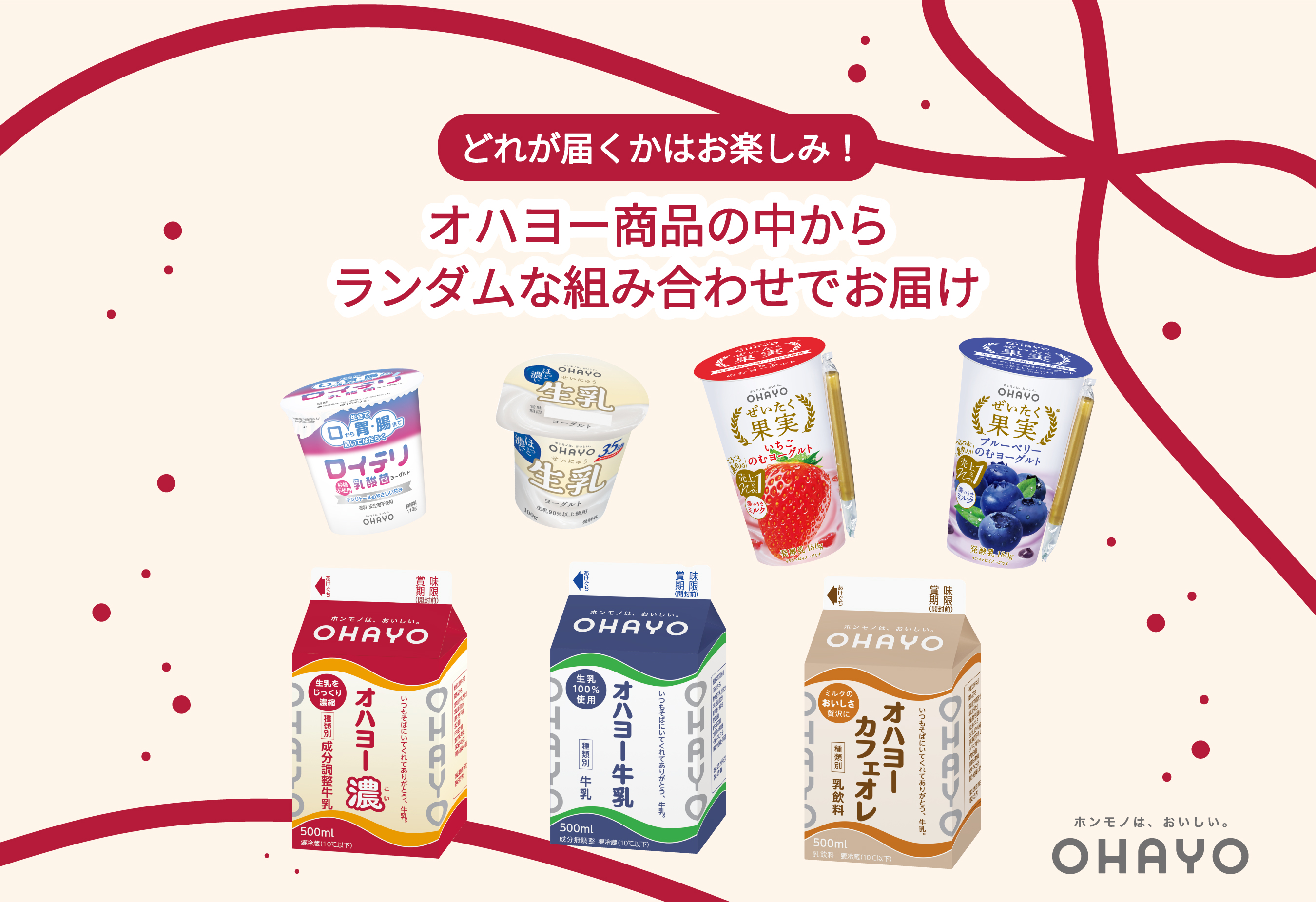 どれが届くかはお楽しみ！オハヨー商品の中からランダムな組み合わせでお届け